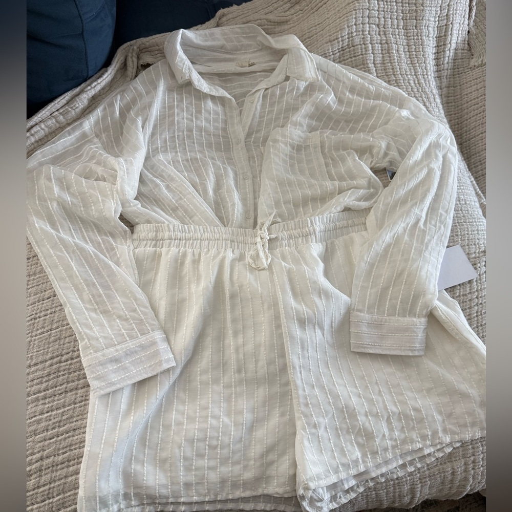 Resort Wear Women’s White Striped Button-Down Shirt and shorts set